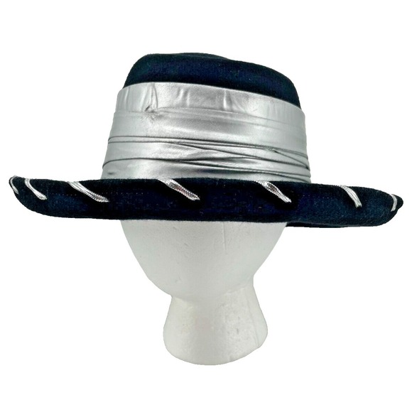 Vintage Womens Yehasso Boater Hat One Size Black Silver Faux Leather Hatband main image 13